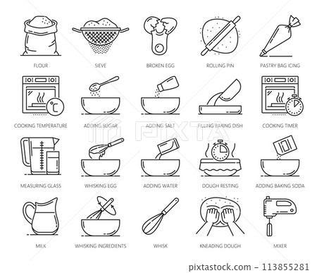 Home bakery and pastry icons, cooking symbols and vector pictogram for recipe preparation. Homemade bread dough or bakery pastry and flour food ingredients and instruction for home baking process 113855281