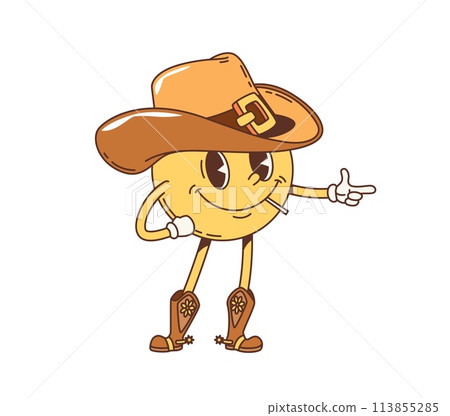 Cartoon Western cowboy smile groovy character. Retro funny emoticon vector personage of Wild West Texas bandit with cowboy hat and boots chewing toothpick. Yellow cowboy smile emoji showing finger gun 113855285