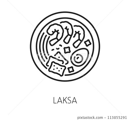 Laksa Singapore travel, vacation icon. Isolated vector linear sign of a spicy noodle soup, rich in coconut milk, with a tamarind tang, shrimps, fish cakes, and tofu puffs, garnished with cilantro 113855291
