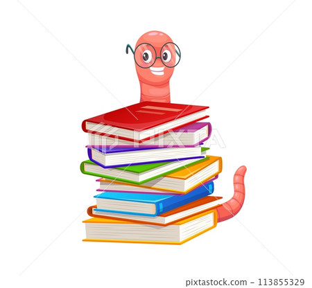 Cartoon cute bookworm character in glasses. Funny pink book worm, caterpillar or earthworm vector personage sitting on stack of school library books or textbooks with eyeglasses, education concept Cartoon cute bookworm character in glasses. Funny pink book worm, caterpillar or earthworm vector personage sitting on stack of school library books or textbooks with eyeglasses, education concept 113855329