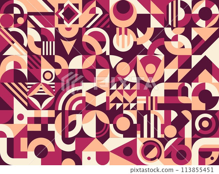 Maroon, purple and beige abstract modern geometric pattern, vector background. Minimal simple mosaic shapes and minimal geometric elements in retro art colors of abstract pattern background Maroon, purple and beige abstract modern geometric pattern, vector background. Minimal simple mosaic shapes and minimal geometric elements in retro art colors of abstract pattern background 113855451