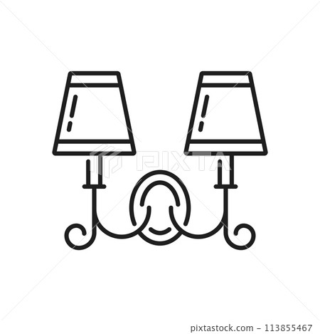 Sconce lamp or wall light line icon, vintage lantern for lighting fixture and illumination, outline vector. Ornate wall sconce or night lamp with lightbulb and lampshades for bedroom or house interior 113855467