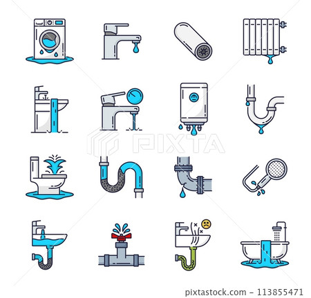 Color plumbing service icons. Toilet, clogged pipe, drain, bathroom and shower problems. Sewage cleaning, plumbing service or pipe unclog line vector icon with washing machine, toilet, bath and faucet Color plumbing service icons. Toilet, clogged pipe, drain, bathroom and shower problems. Sewage cleaning, plumbing service or pipe unclog line vector icon with washing machine, toilet, bath and faucet 113855471