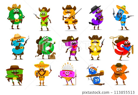 Cartoon cowboy and sheriff, native american math number characters. Vector zero, one and two, three and four, five, six or seven, eight and nine. Plus, minus with division, equal, multiplication signs Cartoon cowboy and sheriff, native american math number characters. Vector zero, one and two, three and four, five, six or seven, eight and nine. Plus, minus with division, equal, multiplication signs 113855513