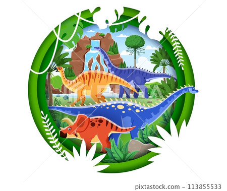 Paper cut landscape with cartoon dinosaur characters and tropical jungle forest with cascade. Isolated 3d vector round layered frame with funny dino personages at vivid jurassic nature with waterfall Paper cut landscape with cartoon dinosaur characters and tropical jungle forest with cascade. Isolated 3d vector round layered frame with funny dino personages at vivid jurassic nature with waterfall 113855533