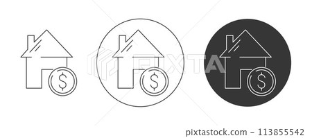 House with dollar sign. Vector icon set, editable stroke. Flat line, pictogram. Finance and business concept. For app, website, ui. Isolated background. 113855542