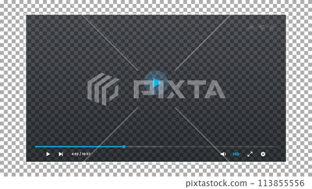 Video player transparent interface. Video screen app layout, web stream player vector UI or live audio control panel overlay. Online media streaming display transparent interface 113855556