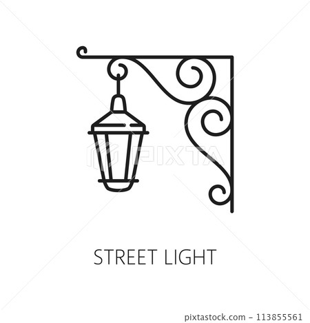 Street light outline icon. Isolated vector classic lamp post with a curved, ornate top and hanging lantern, evoking a charming urban atmosphere. Black and white linear lamppost in vintage style 113855561
