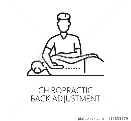 Chiropractic medicine line icon of back adjustment or spine therapy, vector line pictogram. Chiropractic medical treatment and body orthopedic physiotherapy icon of bad back posture adjustment 113855579