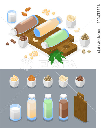 Isometric vegan milk icons with illustration of different types of organic milk 113855718