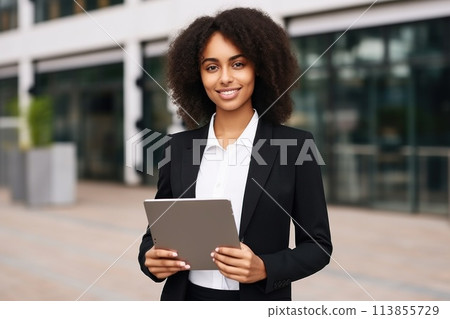 Woman accountant stands in profile and holds documents or tablet Woman accountant stands in profile and holds documents or tablet 113855729