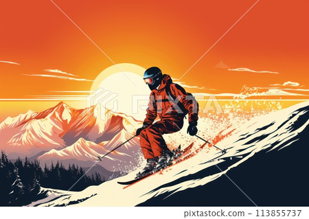 Skiing illustration poster background for advertising, Travel Poster Skiing illustration poster background for advertising, Travel Poster 113855737
