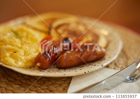 English breakfast with pancake English breakfast with pancake 113855937