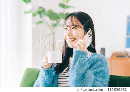 A woman who is calling on the sofa 113856082