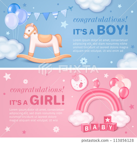 Realistic baby shower horizontal banner template collection for boys and girls with rainbow and baby toys 113856128