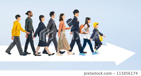 People of all ages and nationalities walking forward People of all ages and nationalities walking forward 113856174