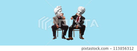 Two men in a suit with antique statue bust sitting on chair and talking. Contemporary art collage. Friends and team mates conversation 113856312