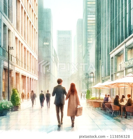 一個男人和一個女人走過水彩城市景觀④ 113856328