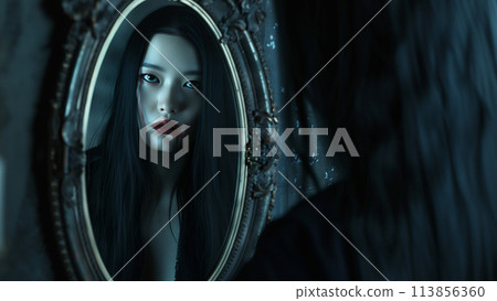 一個蒼白而令人毛骨悚然的日本女人透過鏡子看 113856360