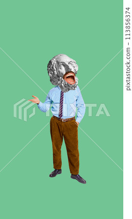 Man with an antique statue bust, wide open mouth standing and emotional talking. Contemporary art collage. Freedom of personal opinion 113856374