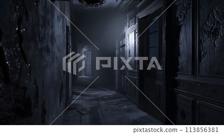破敗的走廊在漆黑的夜色中顯得怪異 113856381