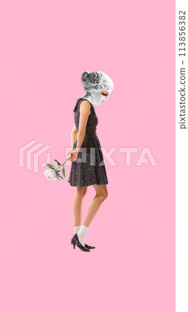 Young woman with antique state head, sad face, holding flower. Contemporary art collage. Story of love, loss, and enduring power of memory 113856382