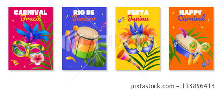 Realistic brazilian carnival cards collection with tropical leaves and musical instruments 113856413