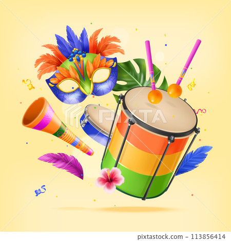 Realistic brazilian carnival composition background with musical instruments and carnival mask Realistic brazilian carnival composition background with musical instruments and carnival mask 113856414
