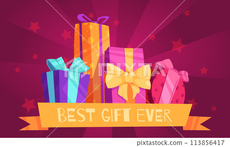 Hand drawn flat gift composition background with gift boxes and ribbon 113856417