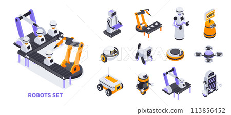 Isometric Robots icons and illustration set Isometric Robots icons and illustration set 113856452