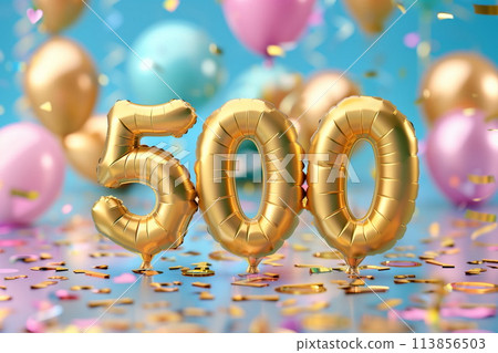 Helium golden balloons of number 500. Celebration of five hundred followers or likes in social media concept, AI Generative Helium golden balloons of number 500. Celebration of five hundred followers or likes in social media concept, AI Generative 113856503