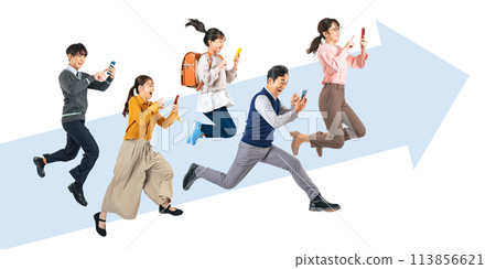 Family jumping while looking at their smartphones - Full-body photo PNG with transparent background precisely cut out by hand Family jumping while looking at their smartphones - Full-body photo PNG with transparent background precisely cut out by hand 113856621