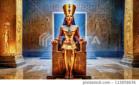 The beautiful Egyptian goddess-pharaoh Hatshepsut sits on a golden throne in the Dendera temple The beautiful Egyptian goddess-pharaoh Hatshepsut sits on a golden throne in the Dendera temple 113856636