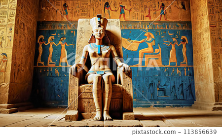 The beautiful Egyptian goddess-pharaoh Hatshepsut sits on a golden throne in the Dendera temple 113856639