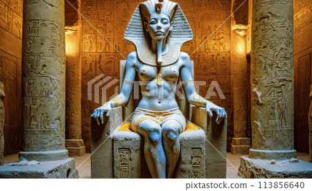 The beautiful Egyptian goddess-pharaoh Hatshepsut sits on a golden throne in the Dendera temple The beautiful Egyptian goddess-pharaoh Hatshepsut sits on a golden throne in the Dendera temple 113856640