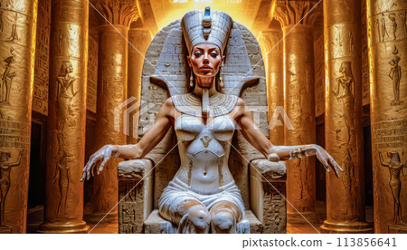 The beautiful Egyptian goddess-pharaoh Hatshepsut sits on a golden throne in the Dendera temple The beautiful Egyptian goddess-pharaoh Hatshepsut sits on a golden throne in the Dendera temple 113856641
