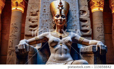 The beautiful Egyptian goddess-pharaoh Hatshepsut sits on a golden throne in the Dendera temple The beautiful Egyptian goddess-pharaoh Hatshepsut sits on a golden throne in the Dendera temple 113856642