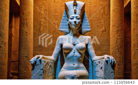 The beautiful Egyptian goddess-pharaoh Hatshepsut sits on a golden throne in the Dendera temple 113856643