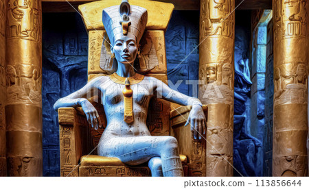 The beautiful Egyptian goddess-pharaoh Hatshepsut sits on a golden throne in the Dendera temple 113856644