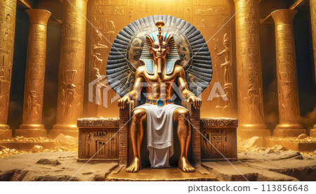 The beautiful Egyptian goddess-pharaoh Tutankhamun sits on a golden throne in the temple of Thebes 113856648