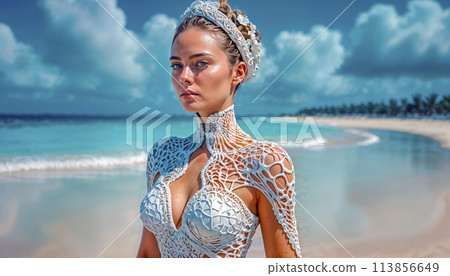 Beach fashion, beautiful girl posing on the seashore in an extravagant swimsuit 113856649
