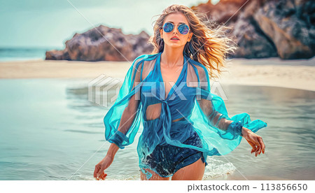 Beach fashion, beautiful girl posing on the seashore in an extravagant swimsuit 113856650