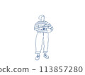 Profile illustration of a woman in striped clothing holding coffee and a paper bag 113857280