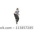 An illustration of a woman wearing glasses and a tank top dancing with a drink 113857285