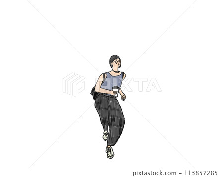 An illustration of a woman wearing glasses and a tank top dancing with a drink An illustration of a woman wearing glasses and a tank top dancing with a drink 113857285