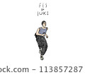 An illustration of a woman wearing glasses and a tank top dancing with a drink at a festival 113857287