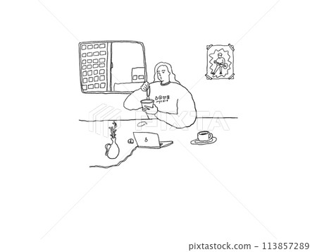 Illustration of a woman eating ice cream while working from home Illustration of a woman eating ice cream while working from home 113857289