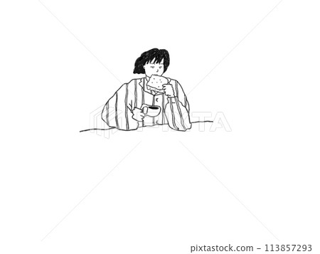 Illustration of a girl in pajamas eating bread for breakfast Illustration of a girl in pajamas eating bread for breakfast 113857293