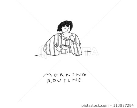 Illustration of a girl in pajamas eating bread for breakfast Illustration of a girl in pajamas eating bread for breakfast 113857294