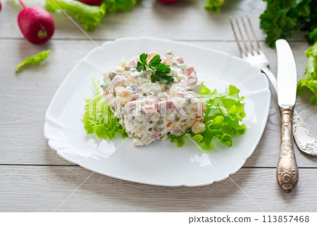 vegetable salad with boiled vegetables and dressed with mayonnaise vegetable salad with boiled vegetables and dressed with mayonnaise 113857468